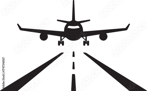 Airplane Landing on Runway Silhouette  Aviation Travel Vector Icon