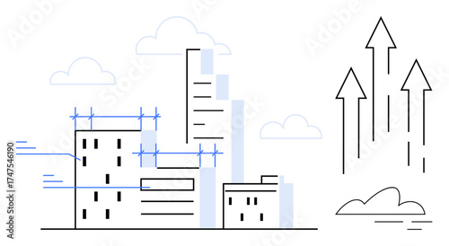City skyline with buildings under construction and scaffolding, arrows indicating growth. Ideal for urban development, growth, architecture, progress, real estate, innovation strategy. Simple flat