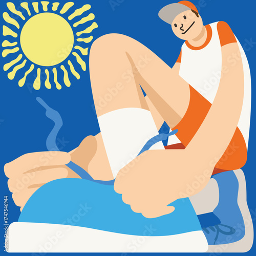 Athlete Tying Shoes Before Morning Run Under the Sun – Flat Vector Illustration