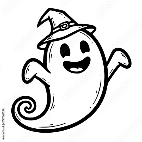 Cute ghost wearing witch hat smiling happily