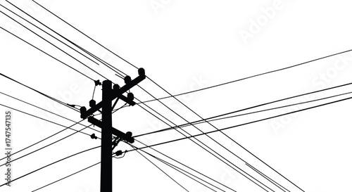 Electric power pole with multiple overhead cables silhouette, energy distribution infrastructure illustration, urban electricity network, utility power line connection vector design