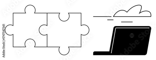 Two interlocked puzzle pieces beside a laptop with a cloud above, symbolizing problem-solving, teamwork, cloud storage, remote work, digital integration, data sharing, and innovation. A simple flat