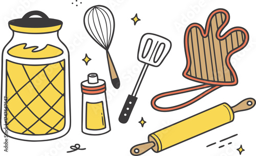 A colorful vector illustration of a set of kitchen utensils and food icons like a cake, coffee cup, sandwich, and hamburger