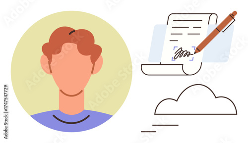 Male profile avatar next to a document being signed with a pen, suggesting virtual contracts, cloud storage, and digital agreements. Ideal for identity, authorization, e-signatures, and online