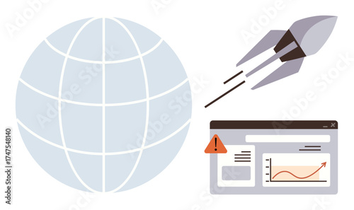 Earth globe, rocket launching upward, and website analytics interface with alert emphasize progress, innovation, and strategy. Ideal for startups, technology, success, analytics global reach goal