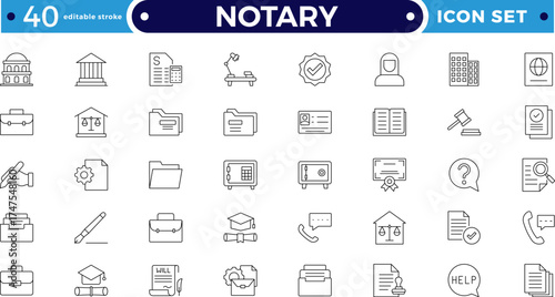 Legal and notary outline icon collection. Includes certificate, contract, signature, seal, oath, witness, and document symbols. Modern outline icons for law, validation. Editable stroke outline icon. 
