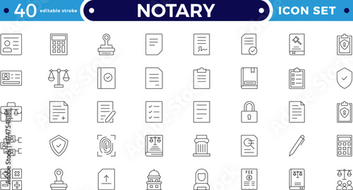 Legal and notary outline icon collection. Includes certificate, contract, signature, seal, oath, witness, and document symbols. Modern outline icons for law, validation. Editable stroke outline icon. 