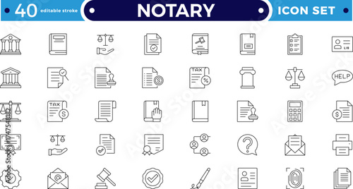 Legal and notary outline icon collection. Includes certificate, contract, signature, seal, oath, witness, and document symbols. Modern outline icons for law, validation. Editable stroke outline icon. 