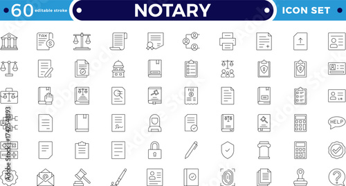 Legal and notary outline icon collection. Includes certificate, contract, signature, seal, oath, witness, and document symbols. Modern outline icons for law, validation. Editable stroke outline icon. 