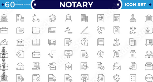 Legal and notary outline icon collection. Includes certificate, contract, signature, seal, oath, witness, and document symbols. Modern outline icons for law, validation. Editable stroke outline icon. 