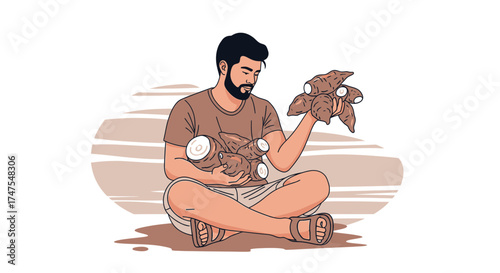 Man Holding Cassava Roots, Sitting Cross-Legged, Contemplating Harvest Yield and Abundance