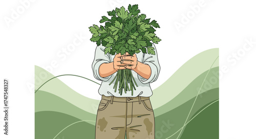 Man Holding Fresh Parsley Bunch in Front His Face with Green Gradient Background