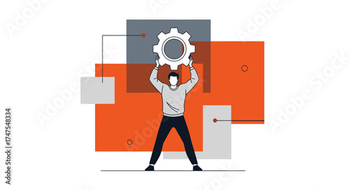 Man Holding Gear Above Head Showing Concept Of Teamwork And Problem Solution