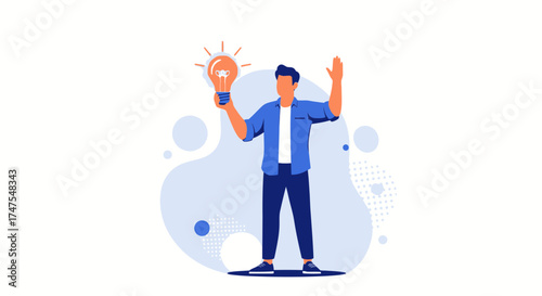 Man Holding Lightbulb Illustrates Concept; Innovative Thinking and Problem Solving Ideas