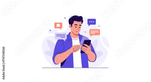 Man Holding Smartphone with Chat Bubbles Messaging Illustration on White Background