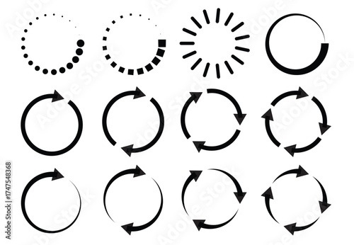 Different type of loading icons set. website loading icon. download icon. buffer preloader symbol. buffering sign. recycling icons