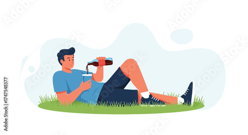 Man Relaxing Outdoors Pouring Drink Enjoying Leisure Time And Moment of Refreshment