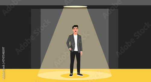 Man Illuminated Under a Spotlight on Stage Presenting Surprise And Amazement