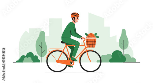 Man riding bicycle with fresh produce outdoors delivering groceries on a sunny day
