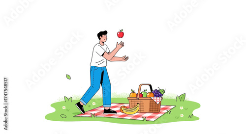 Man Juggling Red Apple During A Scenic Picnic Scene With a Fruit Basket Present
