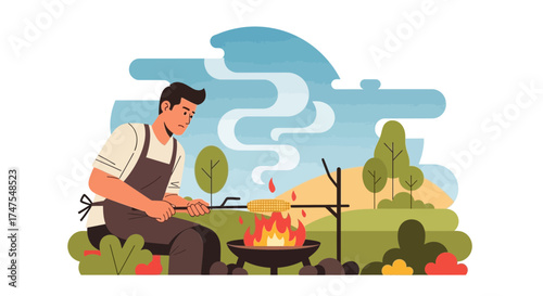 Man Roasting Corn Over A Campfire While Enjoying A Sunny Day Picnic Illustration
