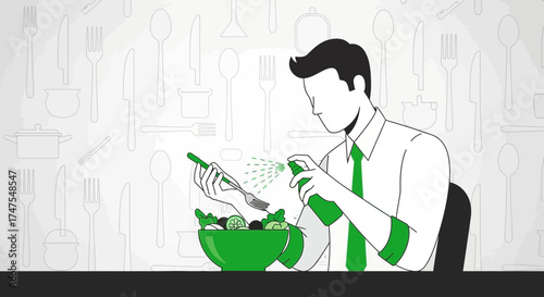 Man Sanitizing Fork Over Salad Bowl, Depicting Healthy Lifestyle And Food Hygiene Concerns