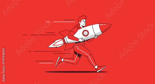 Man Running Fast With Rocket, Concept Of Launching New Projects And Startups