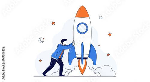 Man Launching Rocket Symbolizing The Beginning Of A New Company Or Project