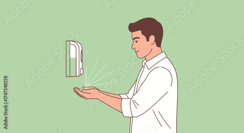 Man Sanitizing Hands With Dispenser For Hygiene And Keeping Clean During Pandemic Situation