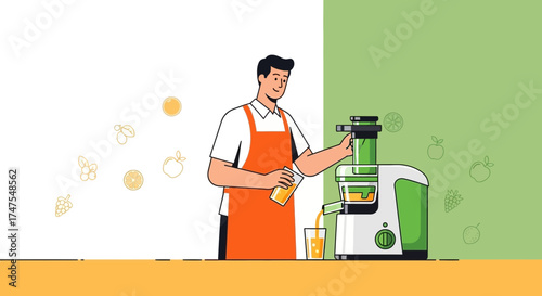 Man Making Fresh Juice With a Juicer Machine in Illustration Style for Healthy Eating