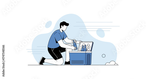 Man Kneeling Beside Cooler Storing Refreshing Beverages, Ready For Outdoor Enjoyment
