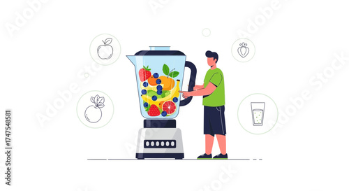 Man making a healthy smoothie with fresh fruits in a blender for a better lifestyle