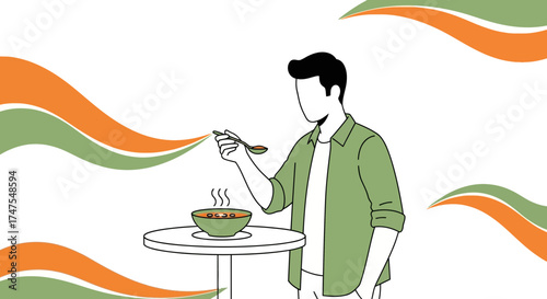 Man Savoring Soup, Culinary Illustration, Simplified Artwork, Dietary Focus, Refreshing Meal Concept