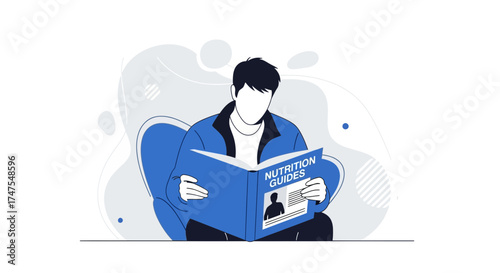 Man Meditating On Nutritional Information Reading Book, Healthy Lifestyle And Diet