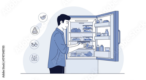 Man opening the fridge to get food, healthy eating and meal preparation at home
