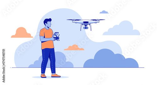Man operating a drone in the sky with remote control in hand, vector illustration