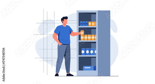 Man Selecting Items From Shelf, Conceptual Illustration of Office Organization and Supplies
