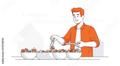 Man Selecting Food From Buffet, Healthy Meal Choices, Orange Shirt, White Background