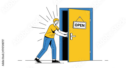Man opening the door with an open sign, vector illustration, business success concept