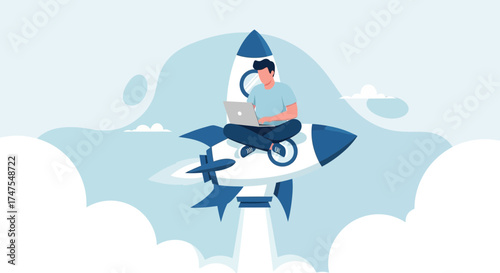 Man Operating Laptop On Rocket, Skyward Ascent, Digital Endeavor, Modern Advancement