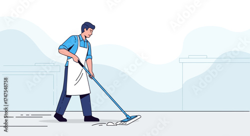 Man Performing Cleaning Operations With Mop, Cleaning Floor, Professional Cleaner, Modern Design