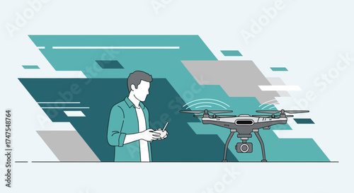 Man Piloting A Drone With Controller Against Modern Graphic Background