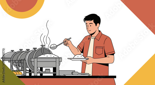 Man serving rice from a buffet, illustration depicting food service for events