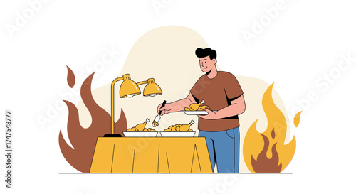 Man Serving Roasted Chicken at a Buffet with Flames on the Side, Illustration