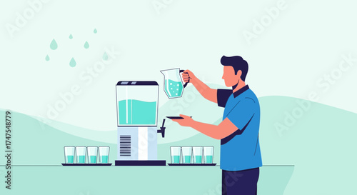 Man Serving Water From Dispenser for Refreshment, Hygiene, And Hydration Purposes