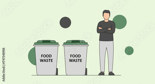 Man Standing Near Food Waste Bins Illustrating Sustainability And Environment Conservation