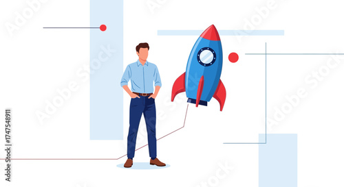 Man Standing Near a Rocket Symbolizing Starting a Business and Technological Advancements Now