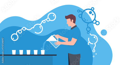 Man pouring water into glasses with abstract water wave background vector illustration