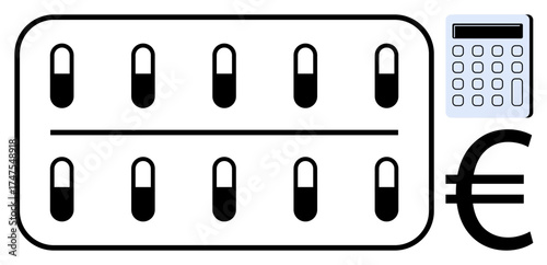 Pills in blister pack, calculator, and euro sign depict themes of healthcare budgeting, cost analysis, affordability, prescription costs, financial planning, medication pricing, economic decisions