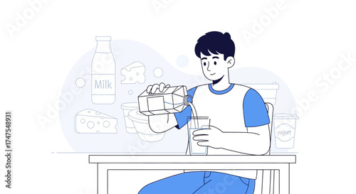 Man pouring milk into a glass representing healthy eating and dairy products.